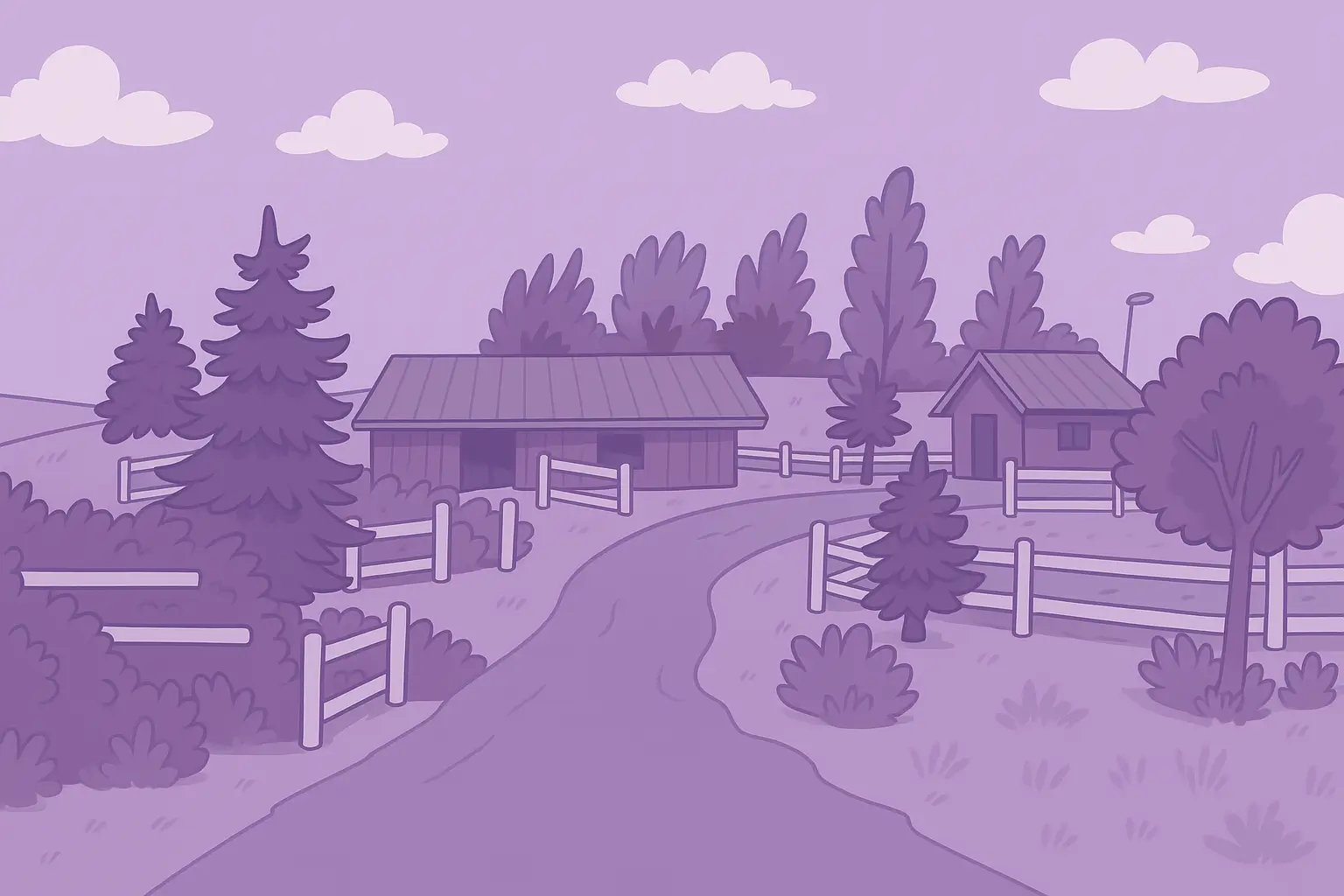 Fur Angels Dog Rescue cartoon illustration of fur angels dog rescure facility in petaluma with barns, fencing, trees